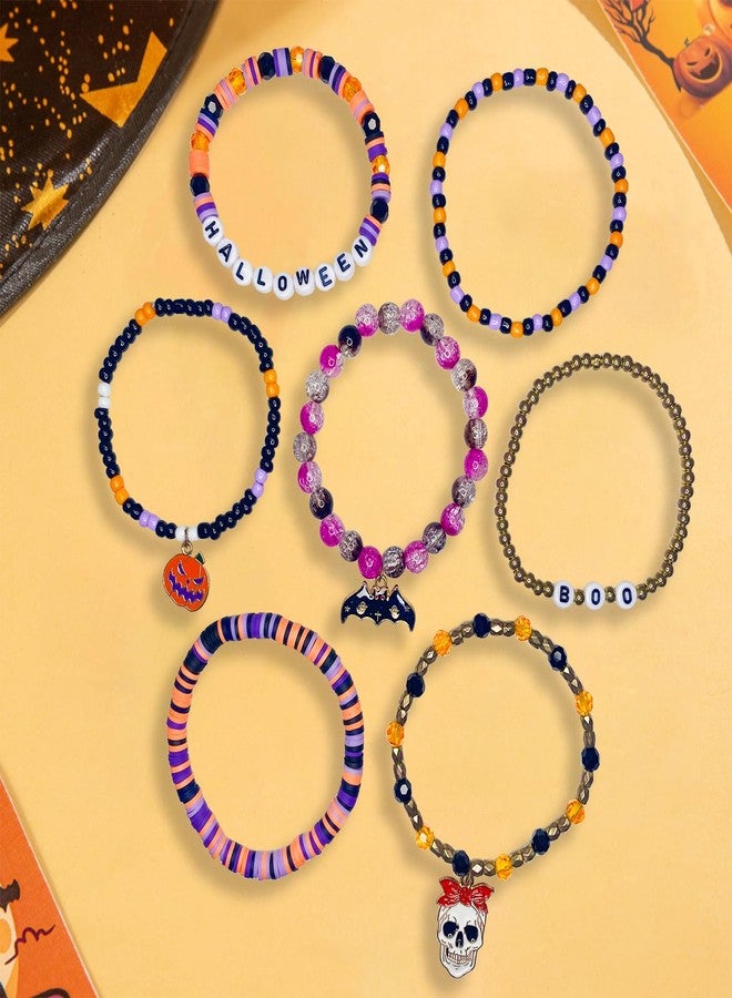 BuQueHM 7pcs Halloween Bracelets for Women Heishi Surfer Bracelet Boho Stackable Stretch Halloween Jewelry with Spooky Pumpkin Charms Perfect Halloween Party Favors - Image 3
